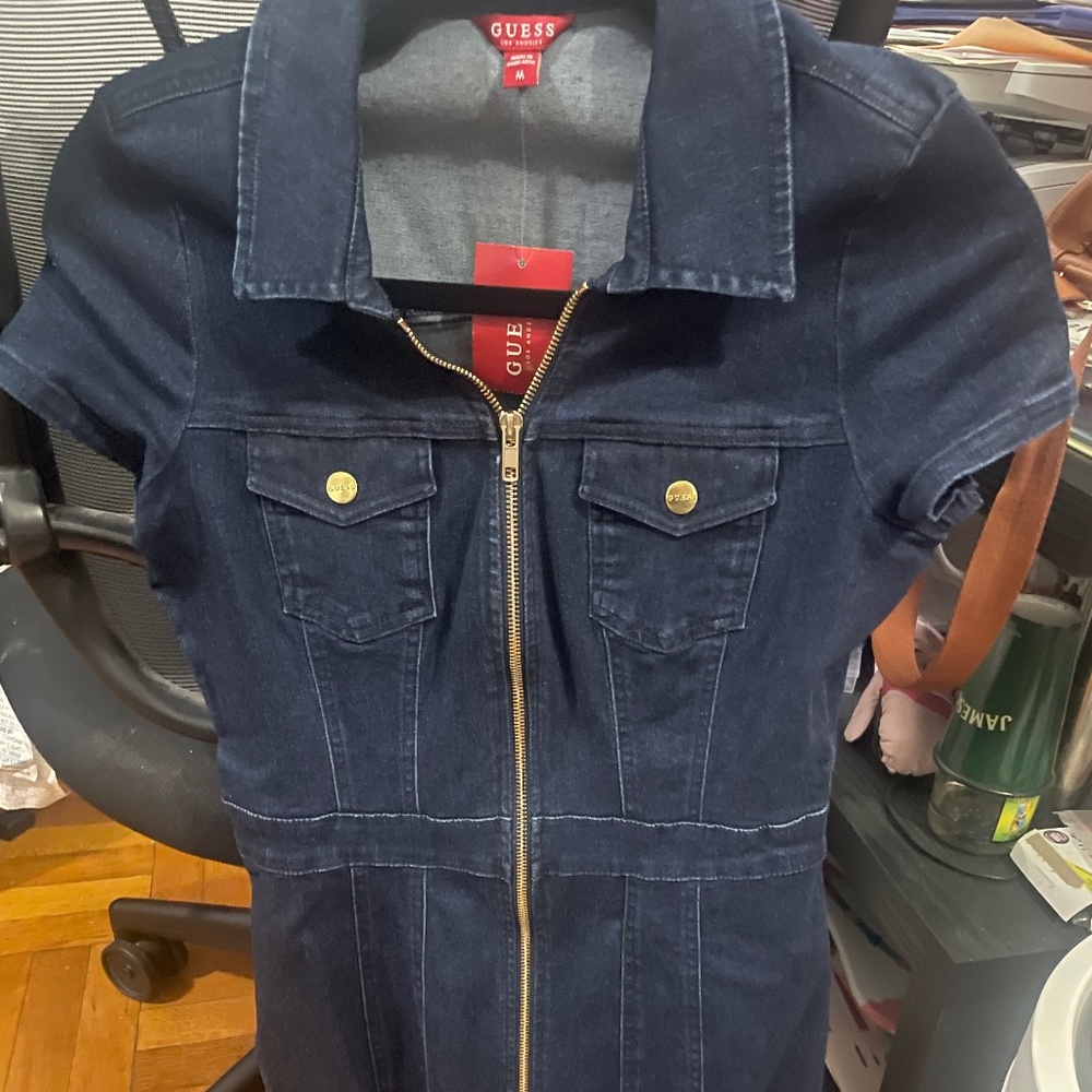 Guess Fitted Short Sleeve Dark Blue Denim Gold Zip Up Mini Dress